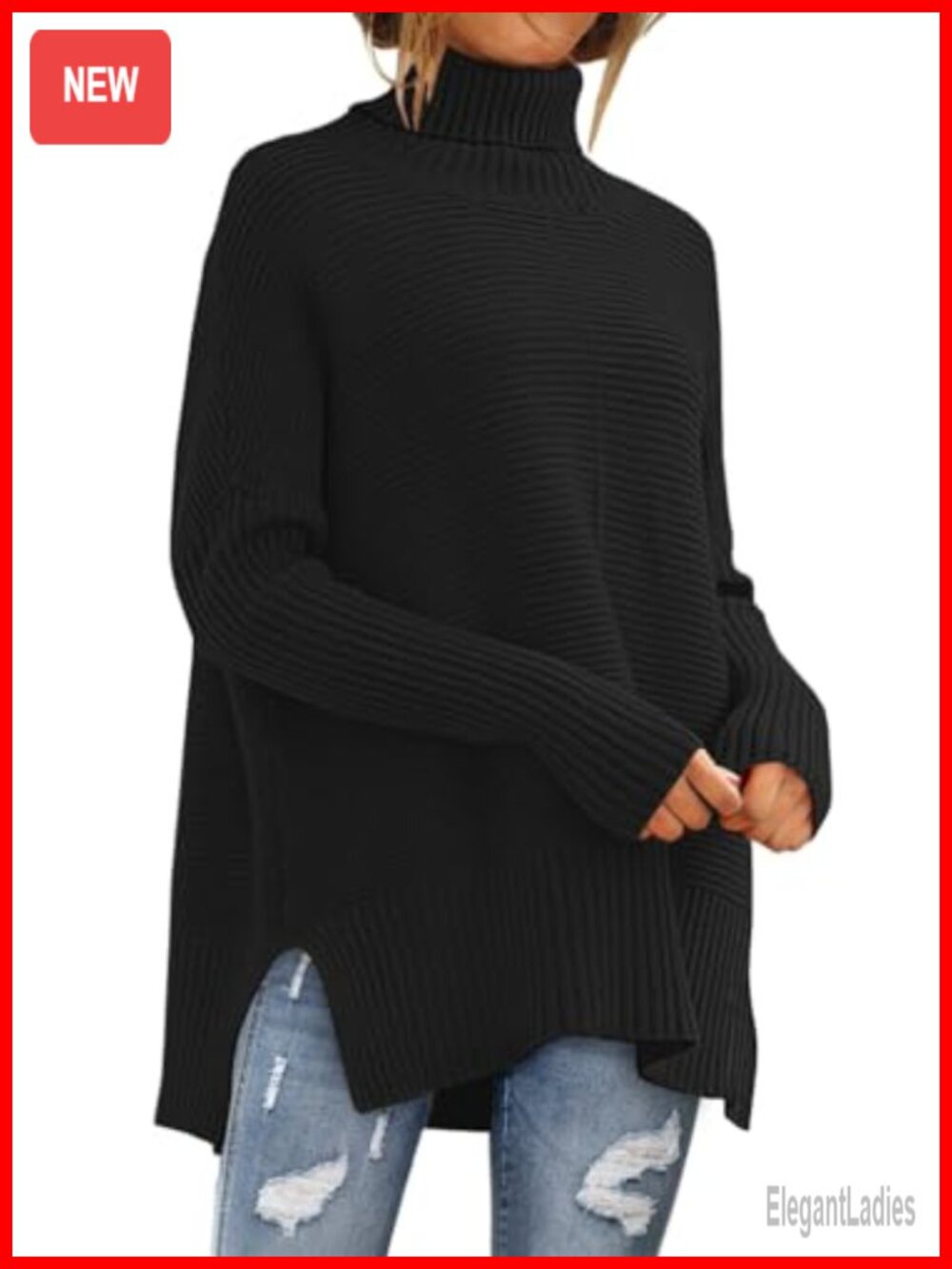 Oversized Turtleneck Batwing Sleeve Pullover Sweater Chunky Knit Tunic
